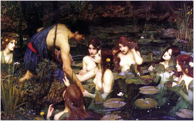 "Hylas and the Nymphs" [1896] by John William Waterhouse, 98.2 cm × 163.3 cm (38.7 in × 64.3 in)