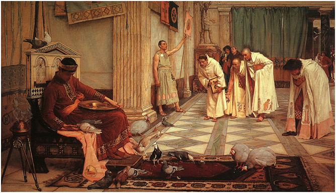 "The Favourites of the Emperor Honorius" [1883] by J W Waterhouse, Oil on canvas, height: 117 cm x width: 202 cm
