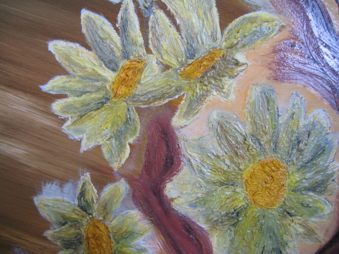 Roots and Daisies, detail of four daisies with one root amidst.