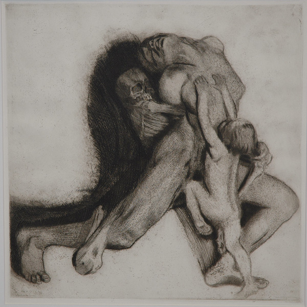 Tod und Frau / Death and Woman - Self-portrait (Klipstein 103, Knesebeck 107 VIIIb) - Original Line etching, drypoint, sandpaper, soft ground with imprint of granulated tone paper and Ziegler’s transfer paper, and roulette, 1910. 50 signed and numbered impressions (state Vd).