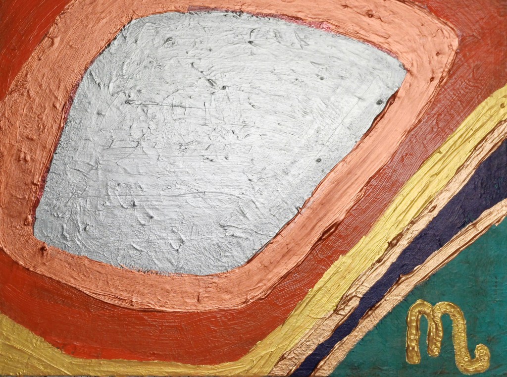 Abstract painting titled 'emi mi' featuring a central, textured silver monolith surrounded by bands of oxidised copper, gold, and violet. A stylised gold 'm' signature sits in the bottom right corner.