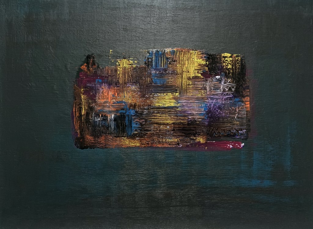 Abstract painting Equation M Electro Cell by Matt The Unfathomable Artist. A central, glowing rectangular block of gold, electric blue, and copper striations sits against a deep, near-black background. The texture resembles a scorched circuit board or analogue glitch, created using a sandpaper drag technique.